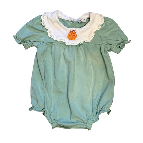 Abby & Erie Other - Abby & Erie Girls Sage Green Pumpkin Embroidered Peter Pan Collar Romper 18M